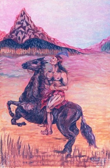 Mountain Warrior King looking over his glorious Mountain Kingdom and the clansmen waving farewell with flags. (Y- 1990) by A.B.Ramprakash – Original Painter. Oil on canvas size 2×3 ft.