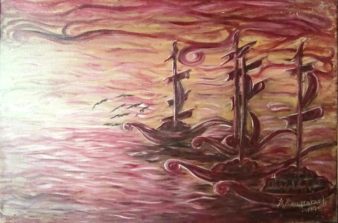 ‘Old ships’ (Y.1992) surrealistic painting on oil on canvas 2×3 ft. by A.B.Ramprakash – Contemporary Artist, INDIA.