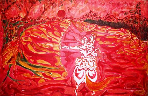 ‘Hunter’ (Y.1991) – hunting the wild boar, surrealistic painting on oil on canvas 2×3 ft. by A.B.Ramprakash.