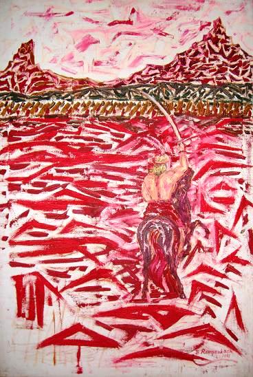 ‘Warrior Prince’ (Y.1991) on war ground, semi-abstract surrealistic painting on canvas on oil by palette knife work 2×3 ft. by A.B.Ramprakash – Contemporary Artist, INDIA.