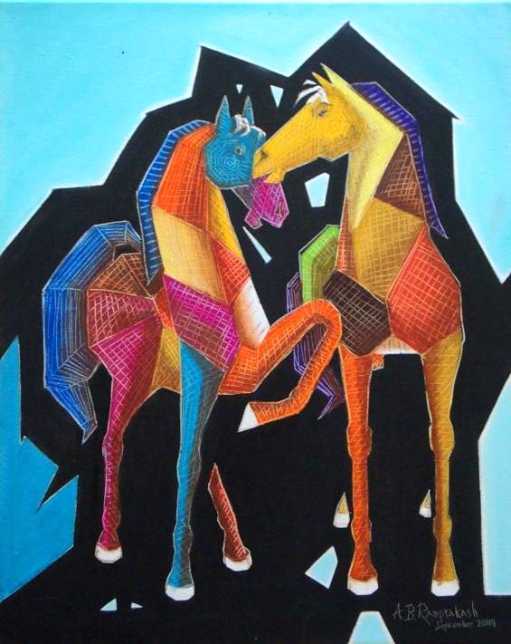 Colt & Filly (Y-2009).  Cubic style of painting on oil on canvas size 24″x30″ by A.B.Ramprakash.