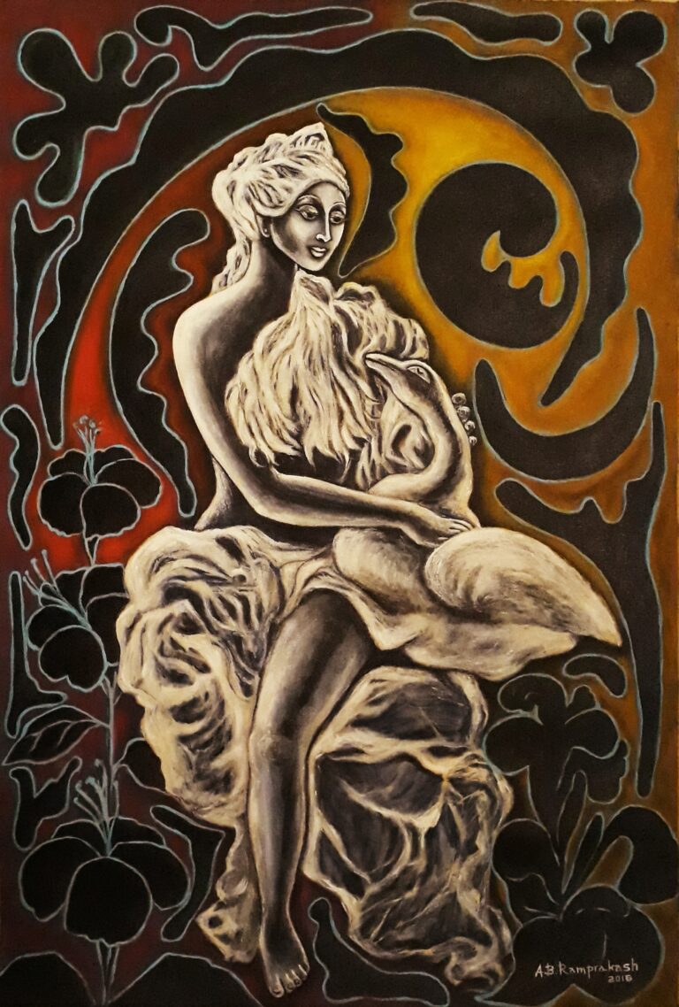 Lady with Swan – canvas painting 24″x36″ size by A.B.Ramprakash.