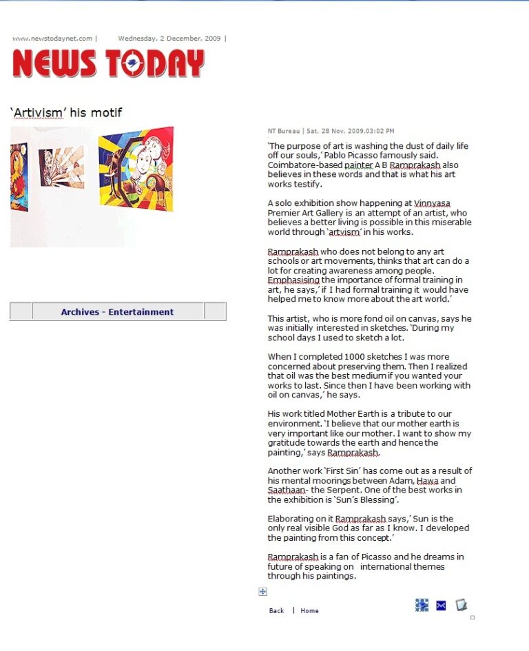 ‘Artivism’ his motif, NEWS TODAY, Chennai.