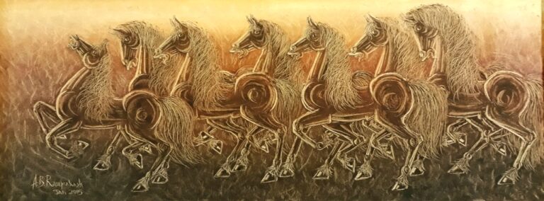 ‘Cantering seven chestnut horses’ (Y-2015) with 28 hooves visible, Unique Painting on oil on canvas by palette knife work of 18″x48″ size by A.B.Ramprakash – Contemporary Artist, INDIA.