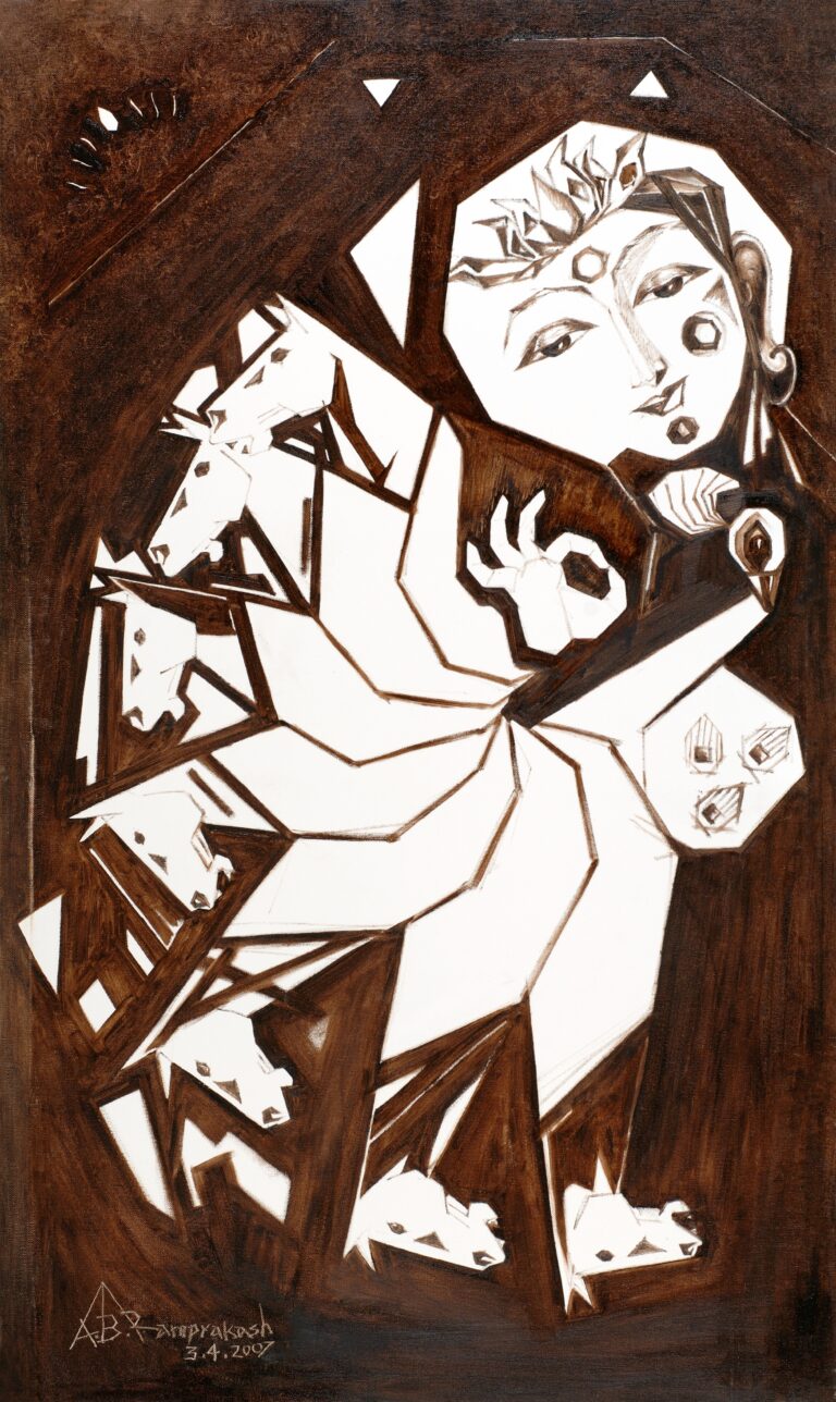 A.B.Ramprakash’s iconic cubist Sun God painting for opulent and extravagant lifestyle. Sun’s blessing (Y-2007) with diamond crown encrusted with seven petals lotus Monochrome vandyke brown painting on oil on canvas 30″x50″ size.