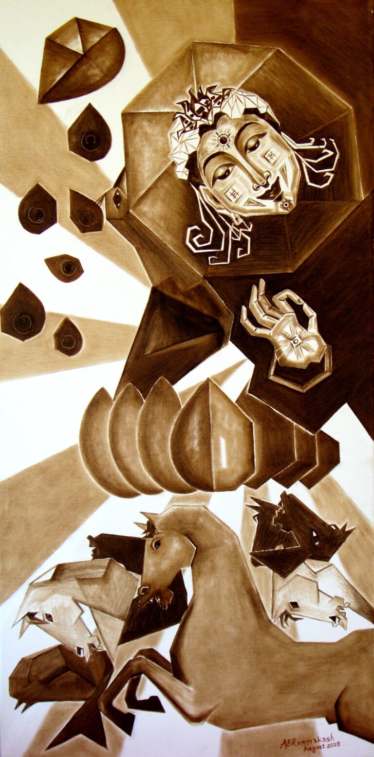 A.B.Ramprakash’s iconic cubist ‘Sun God’ paintings for opulent and extravagant lifestyle. ‘Sun God with diamond crown encrusted with seven petals lotus’ (Y 2009), Monochrome vandyke brown painting  on oil on canvas 24×48 inches.