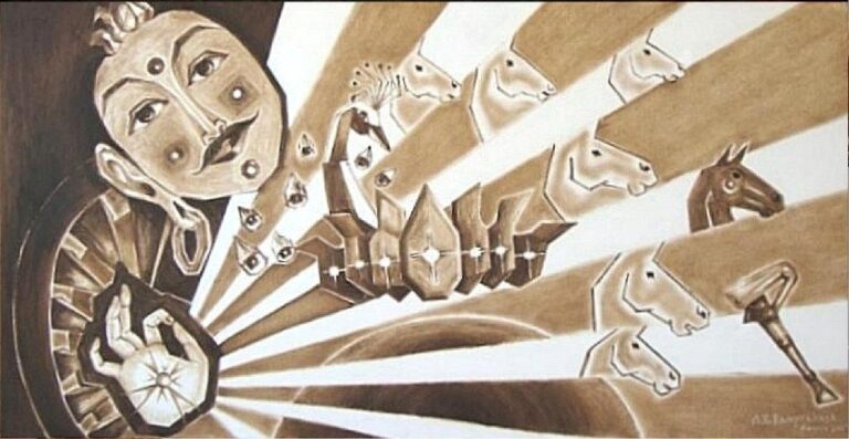 A.B.Ramprakash’s iconic cubist Sun God paintings. “Sun’s blessing” (Y 2009).  Monochrome oil painting on canvas size 24″x48″.