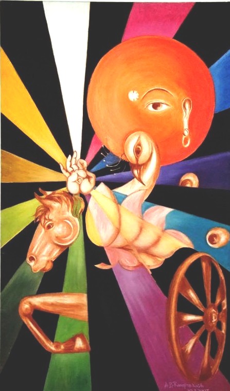 Surya (Sun God) Y-2007 surrealistic oil painting on canvas 30″x50″ by A.B.Ramprakash.