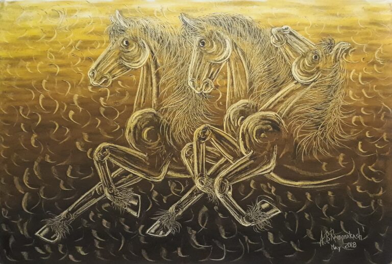 Three Horses (Y.2018) in indian yellow & burnt umber colors by palette knife work. Oil on canvas size 24″x36″.