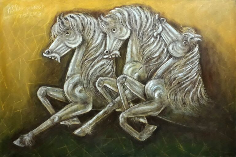 Three White Horses (Y-2015) Oil painting on canvas size 24″x36″.