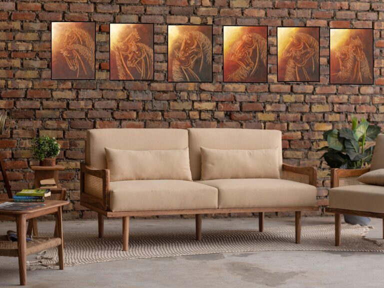 ‘Equine Musings’ in chrome yellow, burnt sienna & Vandyke brown colors. A set of 6 paintings on palette knife on oil on canvas size 9″x12″each.
