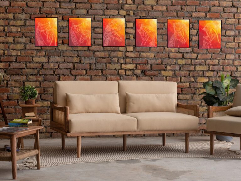 ‘Equine Musings’ in yellow, chrome yellow, vermillin & crimson colors. A set of 6 paintings on palette knife on oil on canvas size 9″x12″each.