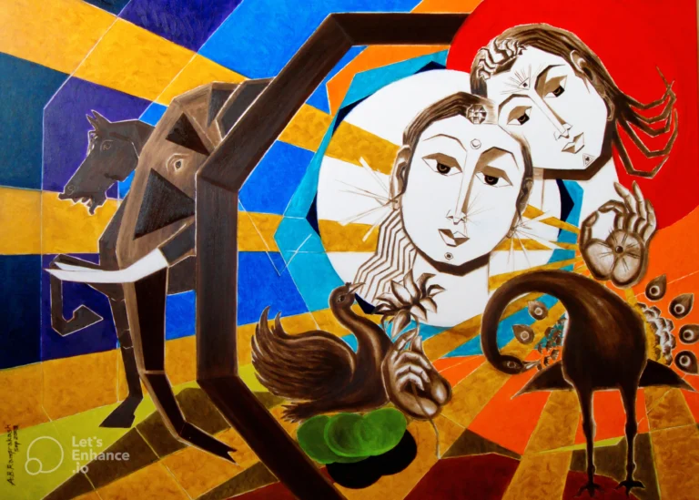 A.B.Ramprakash’s iconic cubic ‘Sun God’ paintings for opulent and extravagant lifestyle.  Majestic & magnificent ‘Sun & Moon’ oil painting on canvas 36″x48″, Sun with seven petals lotus diamond crown, Moon with forehead octagon diamond.