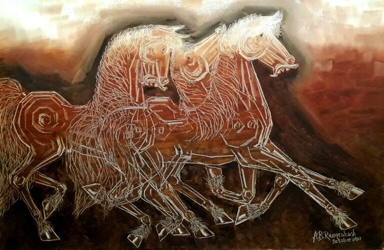 A.B.Ramprakash’s iconic timeless Palette knife Cubistic cantering brown thoroughbred Stallions painting (Y-2011) on oil on canvas size 24″x36″.