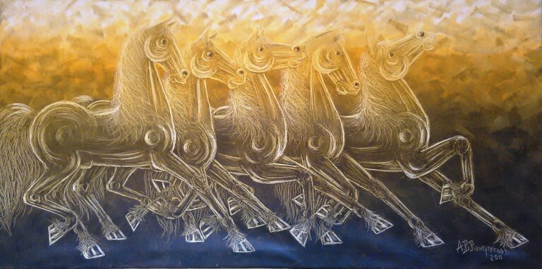 A.B.Ramprakash’s iconic Palette knife Horse painting. Magnifient Five Horses with 20 hooves visible, on oil on canvas 24″x48″ in Golden ochre & Vandyke brown colors (Y.2011) for opulent lifestlye.
