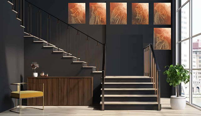 ‘Equine Musings’ (set of 6) for staircase walls ( Burnt sienna & Vandyke brown colors) by palette knife on oil on canvas size 9″x12″each.