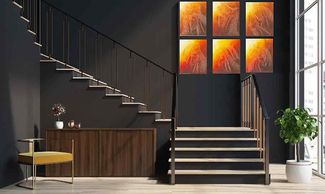 ‘Equine Musings’ (set of 6) for staircase walls (Yellow, Vermillion & Burnt sienna oil colors) by palette knife on oil on canvas size 9″x12″each.