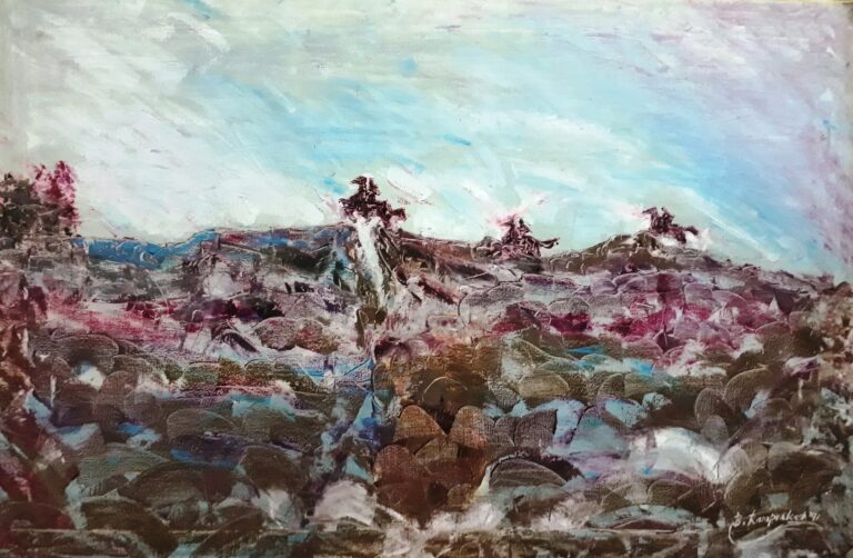 ‘Three Horsemen’ (Y.1991) semi-abstract painting on canvas on oil by palette knife work 2×3 ft. by A.B.Ramprakash – Contemporary Artist, INDIA.