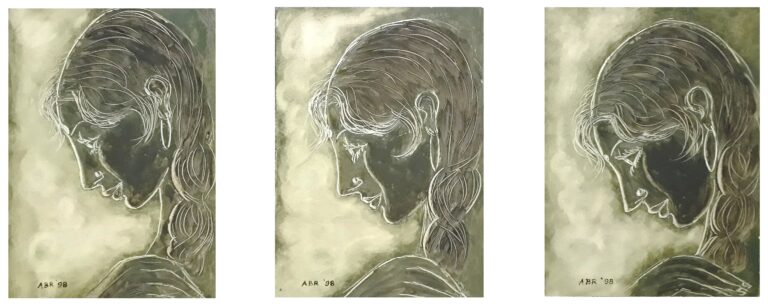 Triptych lady faces (Y.1998) oil on sheet size 9″x12″ by palette knife work by A.B.Ramprakash.